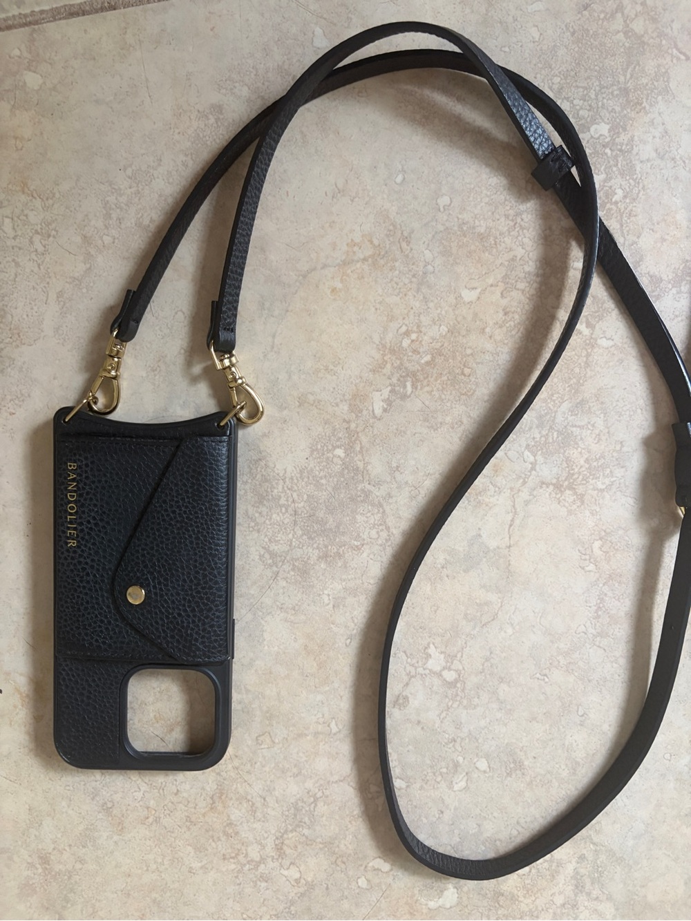 Bandolier Black Leather Crossbody Phone Pouch with Gold Hardware